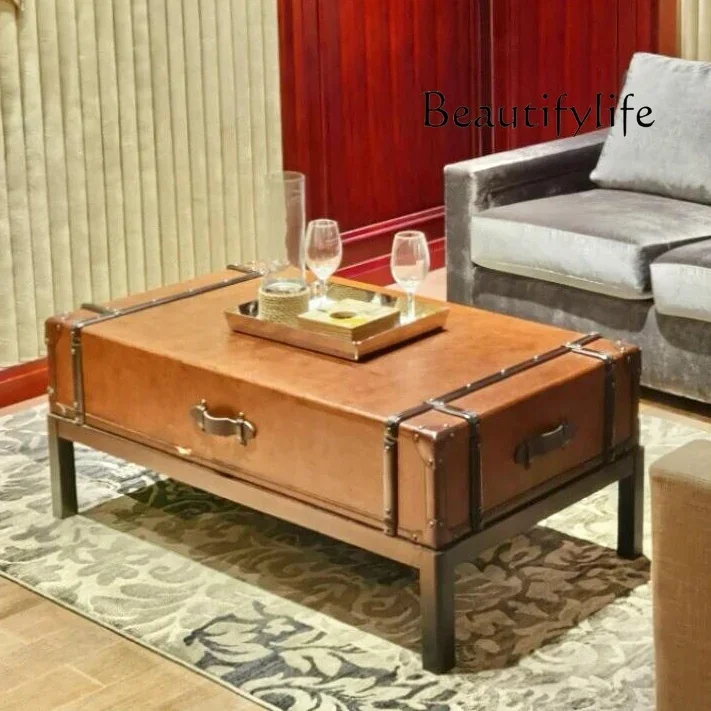 

R Medieval Retro Solid Wood Leather Case, Coffee Table Storage, Living Room Decorative Cabinet, Living Room Retro Tea Table