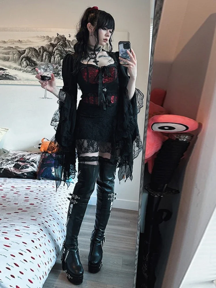 IMU Goth Black Lace Mesh See Through Flared Sleeve Smocks Vintage Elegant Aesthetic Cover Ups Women Crop Tops Autumn New Fashion