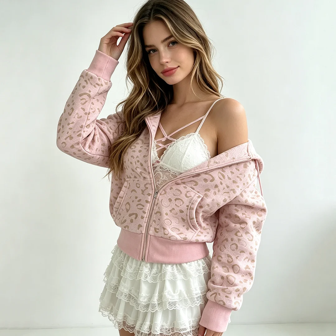 Autumn and winter fashion casual trend leopard print versatile zipper cardigan hooded zipper jacket
