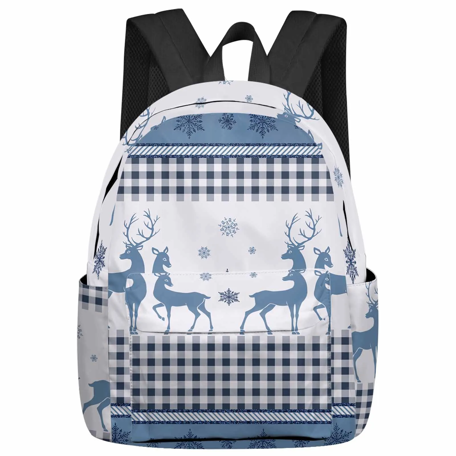 Christmas Deer Snowflake Grid Backpack Teenagers Student School Bags Laptop Custom Backpack for Men Women Travel Bag