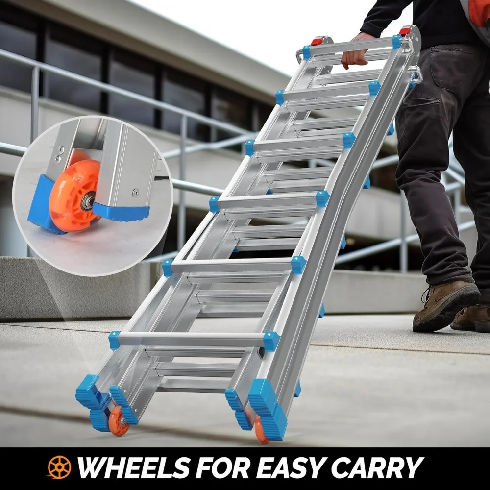 سلم تصغير ذو 6 خطوات - تصل إلى 22 قدمًا، قابل للطي متعدد المواضع، أرجل وعجلات واسعة، سعة 330 رطل، تمديد طويل المدى