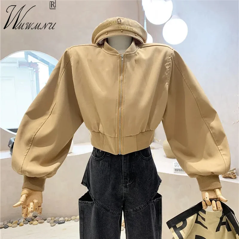 

Korean Fashion Khaki Cropped Chaqueta Mujer Chic Vintage Bomber Jackets Women Spring Fall Streetwear Short Baseball Outerwear