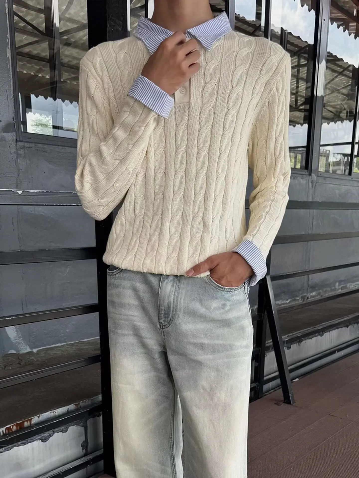 

American Retro Knitted Long Sve Sweater Men's CleanFit Patchwork Stripe Classic Twist Casual Sle Comfortable Breathable