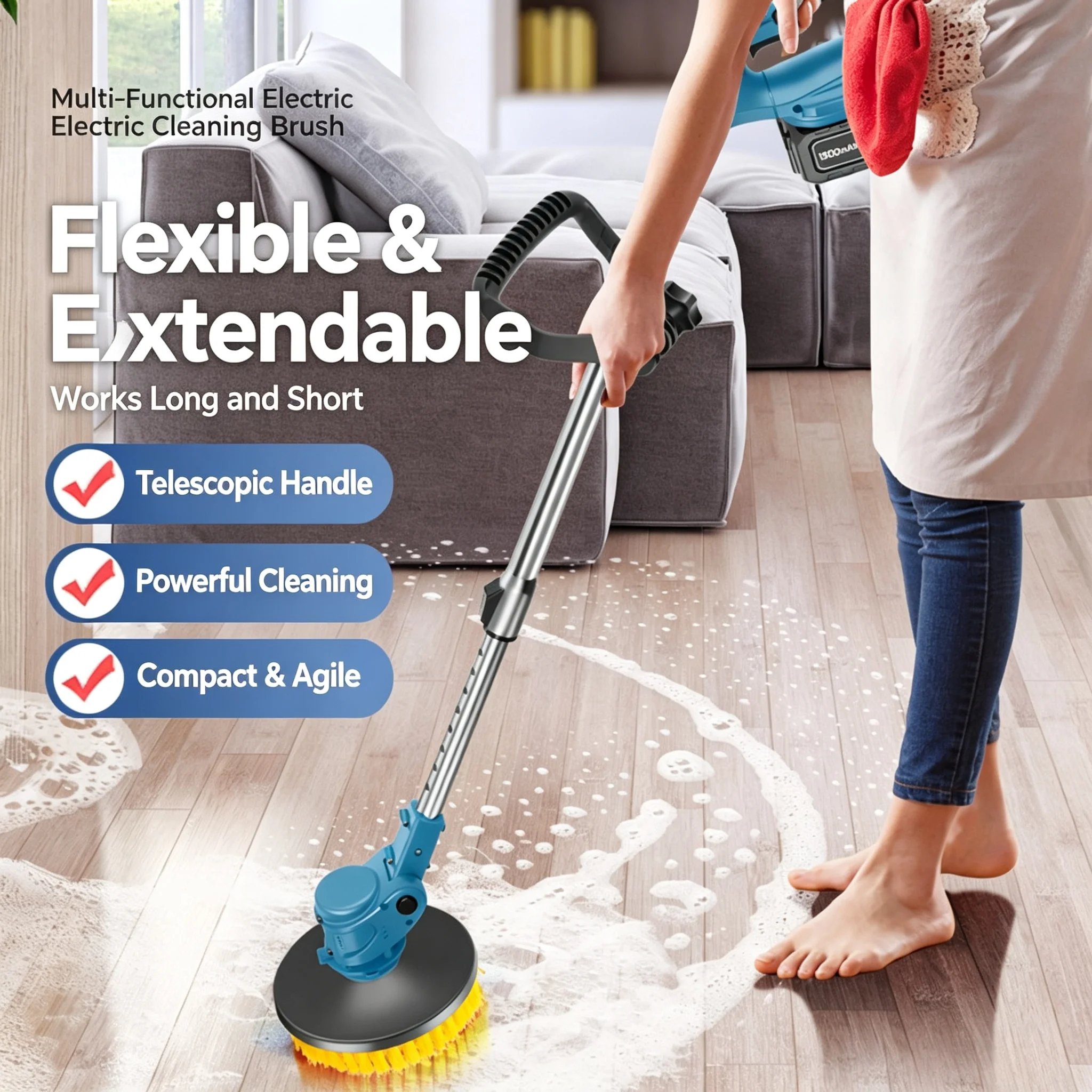 Electric 6-in-1 Retractable Cleaning Brush - Bathroom & Yard Sweeper Polishing Snow Removal Leaf Sweeper - Multi-Functional Home