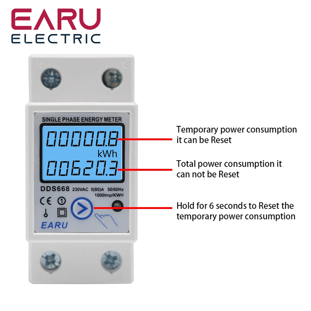 Imagem -04 - Medidor de Consumo de Energia Atual da Tensão Kwh do Medidor de Energia da Restauração da Fase Monofásica de Digitas do Trilho do Ruído Eletricidade 220v ac