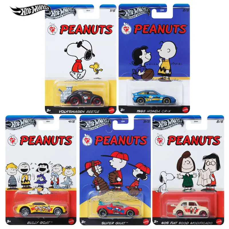 2024 Hot Wheels Silver Series 75th Peanuts Snoopy Volkswagen Beetle Super Gnat Honda Bully Goat 1/64 Diecast Model Car Toy GDG83