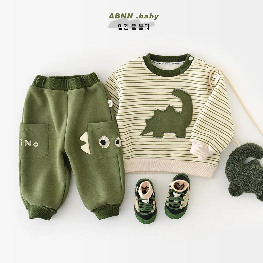 

Комплекты детской одежды, зима 2025 года, свитшот с принтом динозавра для маленьких девочек, топ + утепленный теплый детский повседневный брючный костюм для маленьких девочек