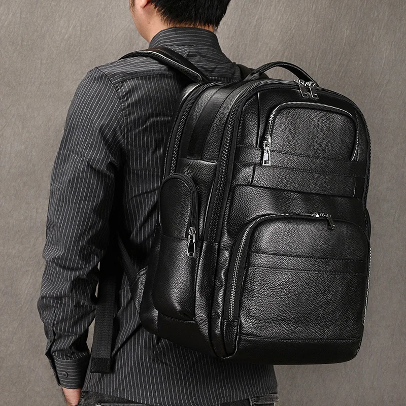 Luufan Genuine Leather Backpack With USB Large Black Rucksack For Business Trip Men 17 Inch Laptop Work Big Travel Daypack