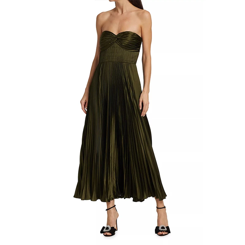 여성 섹시한 민소매 솔리드 컬러 파티 드레스 패션 Pleated 빅 스윙 이브닝 드레스 우아한 Strapless Backless Zip Long Dress