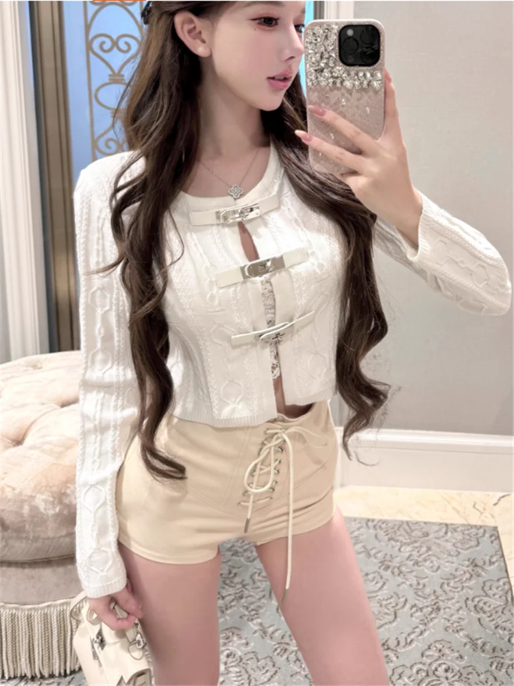 

Korean Chic Chain Buckle White Knitted Cardigan Women New Fall Fashion O Neck Hollow Out Short Sweater Long Sleeve Knitwear Top