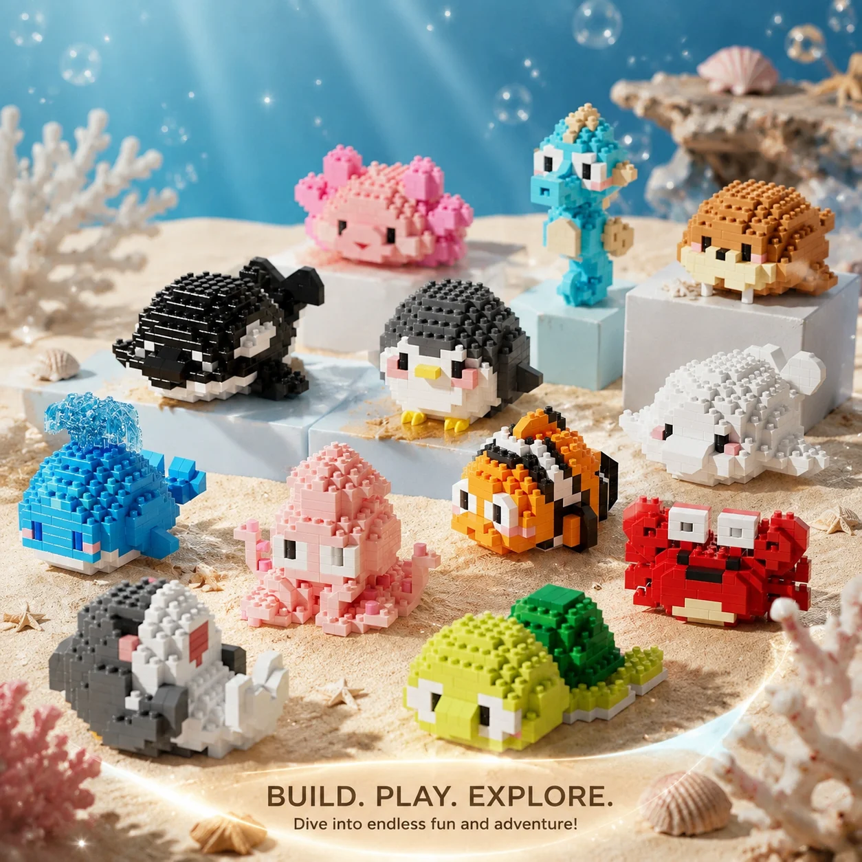 Cute Marine Animals Building Blocks Kit Turtles Dolphins Crabs Fish Clownfish Octopus Bricks Model Toy for Kids Girl