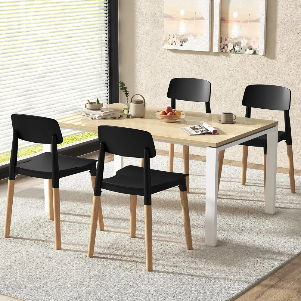 Set of 4 Modern Dining Chairs, Plastic with Wooden Legs, Ergonomic for Home and Commercial Use, Black