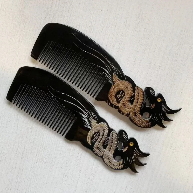 Handmade Natural Ox Horn Comb Anti Static Buffalo Combs Dragon Phoenix Carving Professional Detangling Massage Fine Tooth Comb