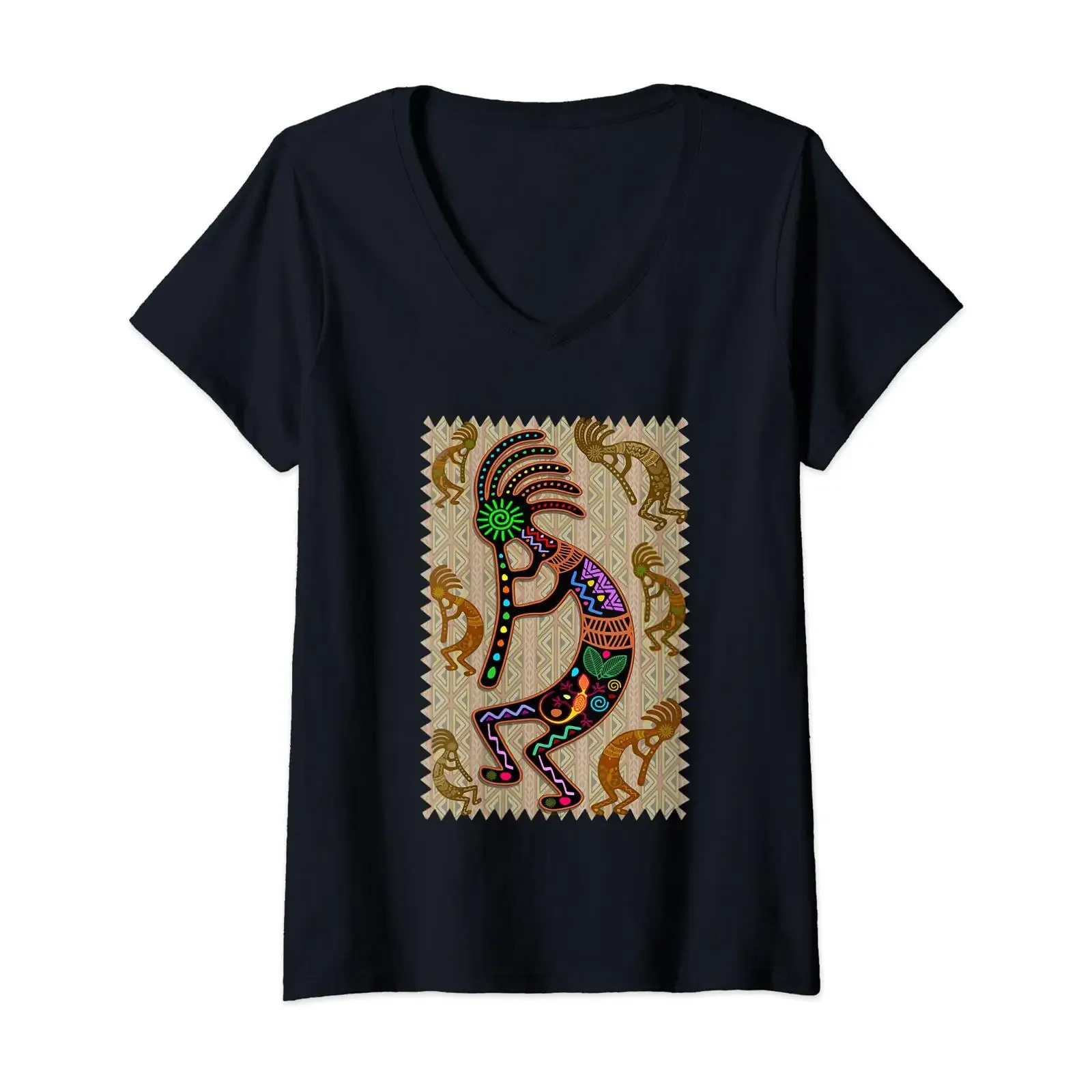 Femme Kokopelli amérindien avec décorations dégradées T Shirt Col en V vintage Washed Soft Breathable fashion Stretched