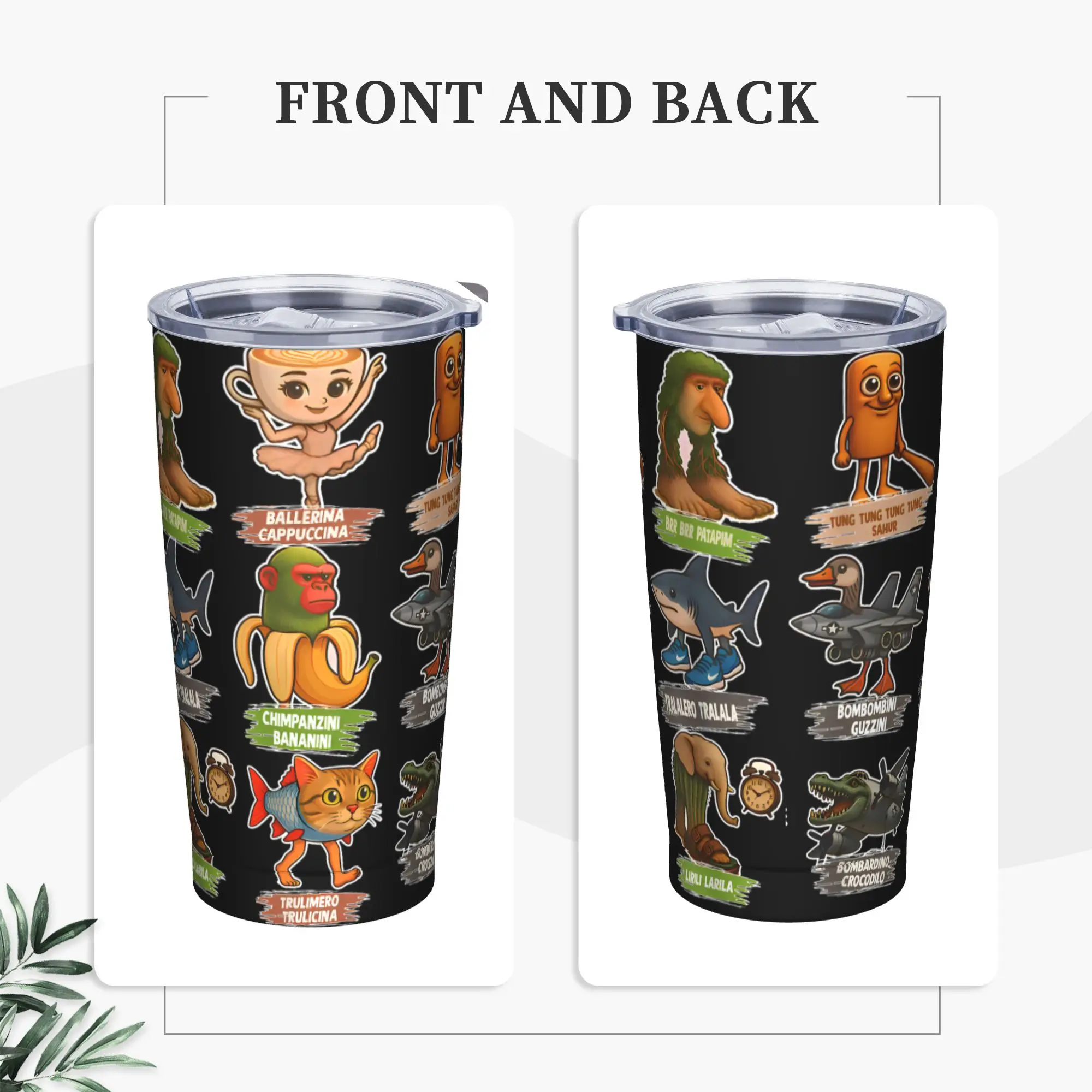 Brainrot Italian Characters Tumbler Vacuum Insulated Funny Meme Thermal Cup Stainless Steel Double Wall Mug Water Bottle, 20oz
