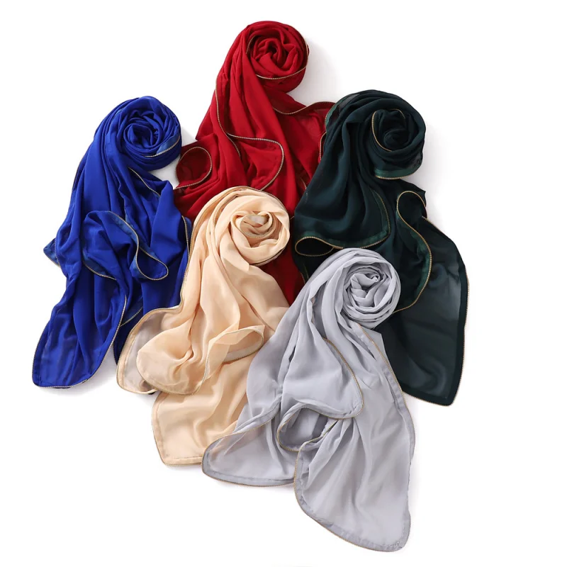 New Closed Pearl Chiffon Solid Color Four-Circle Zipper Scarf Metal Chain Scarf Headcloth Veil Women