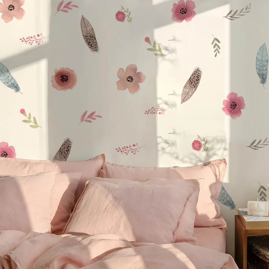 

Pink Flowers Boho Feather Wall Stickers Floral Green Leaf Plants Wall Art Decor for Girls Women Bedroom Living Rooms