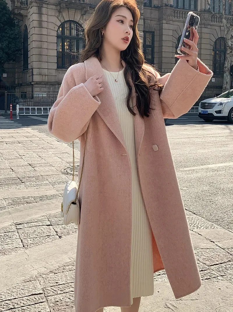 

Anti season clearance pink wool woolen coat for women 2023 Spring and Autumn Korean version loose medium long woolen coat