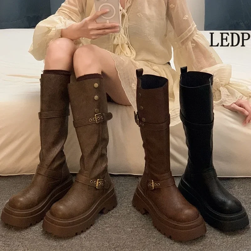 

LEDP Western Cowboy Waste Wind Long High Boots Women's New Fall/Winter 2024 Thick Bottom Pile Two Wear Knight Boots