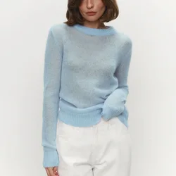 Talenza Round Neck Knit Pullover Women Summer Casual Solid Long Sleeve Shirt Top 2025 Loose High Street Office Lady Sweater Top