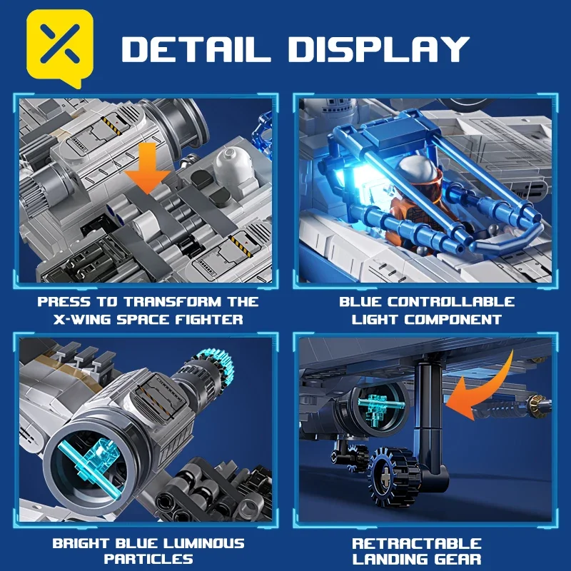 مجموعة مكعبات بناء مقاتلة الفضاء X-Wing أجنحة ربط ميكانيكية قابلة للسحب معدات الهبوط LED ضوء الطوب مع الطيار للأطفال