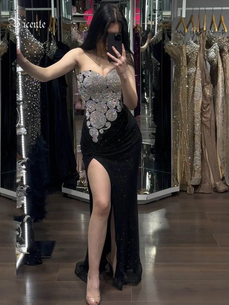 VC Black Velvet Long Prom Dress Strapless Sparklingly Beads Appliques Details Side High Split Celebrity Party Evening Gown