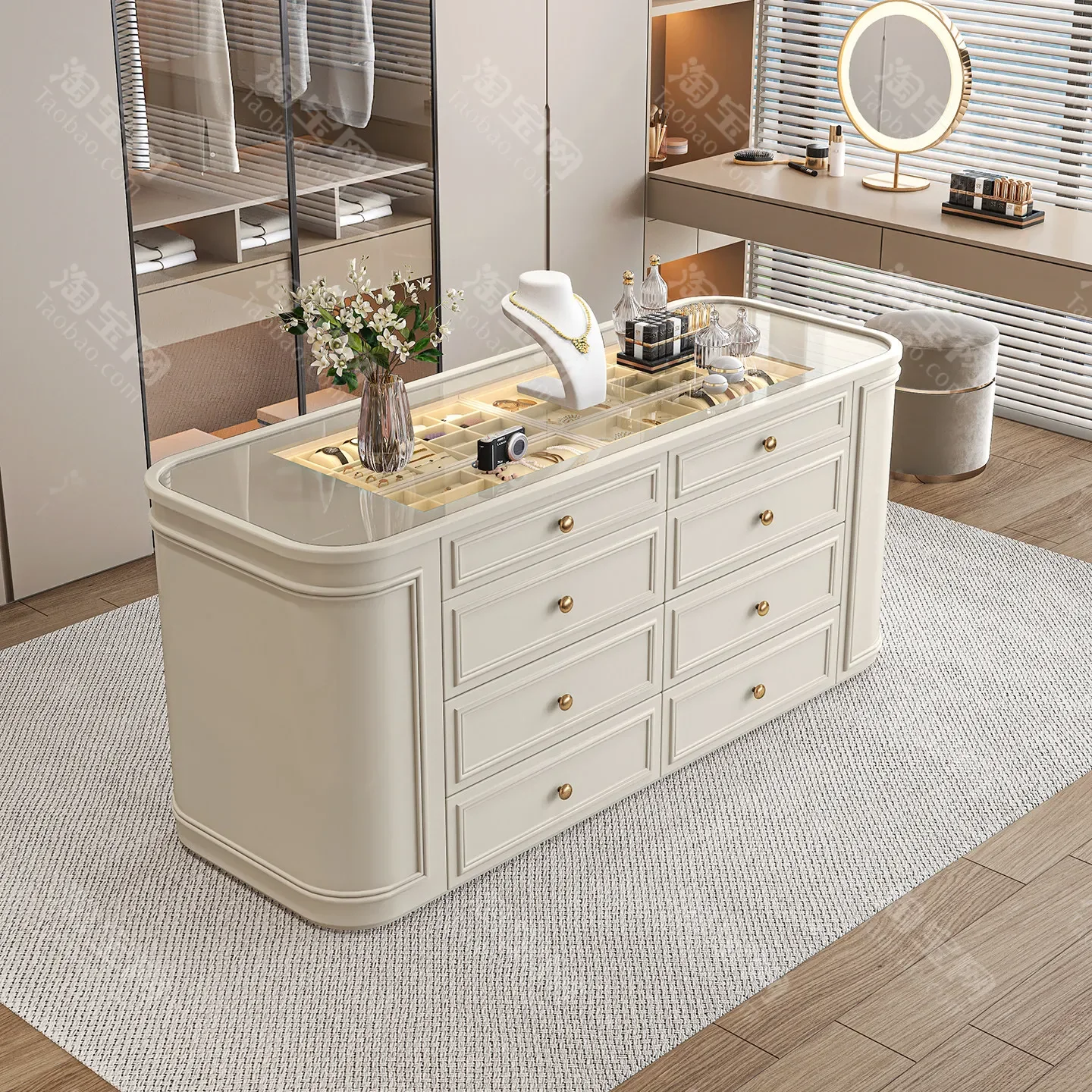 Modern simple French cloakroom Nakajima Taiwan jewelry cabinet Modern simple bedroom Double-sided jewelry Solid wood storage cab