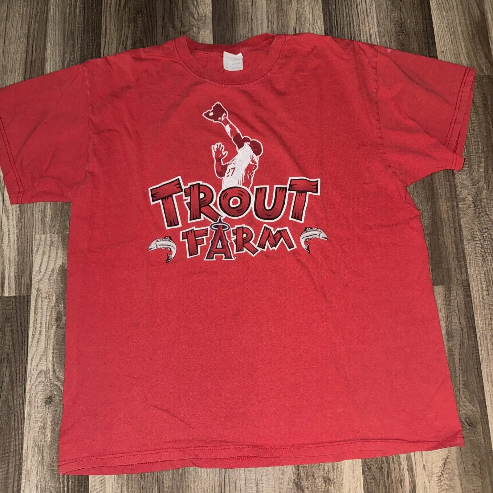 Футболка в винтажном стиле с изображением ангелов, красная, XL, 21x27, форель, ферма