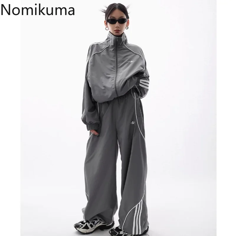 Nomikuma Stand Neck Long Sleeve High Waist Drawstring Jacket + Wide Leg Contrast Pants Female Harajuku Street Two Piece Sets