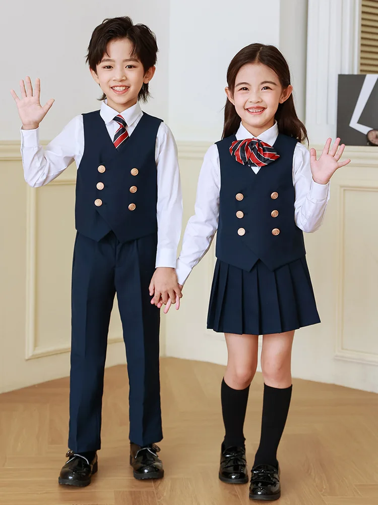 Spring Autumn Child School Uniforms Suits Boys Girls Performance Chorus Photography Costume Kids Waistcoat Shirts Pants Outft