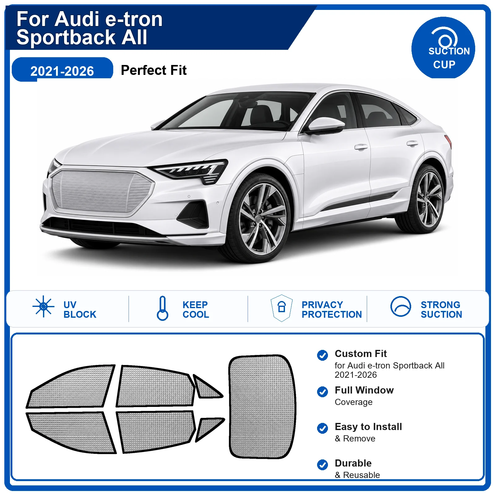 For Audi e-tron Sportback All 2021-2026 Custom Full Set Windshield Sun Shade Aluminum Foil Heat Insulation Anti UV Foldable