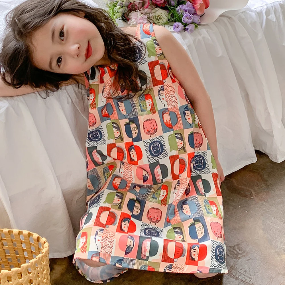 Korea Casual Girls Dress Figure Abstract Dress Princess Tank Top Dress 2023 Summer New Style Clothing for Children Aged 3-7