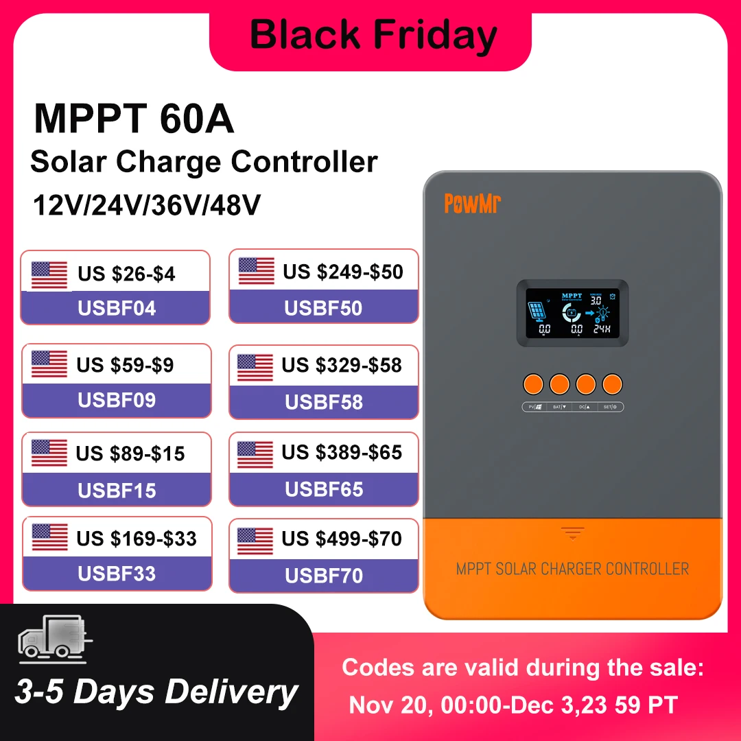 

PowMr MPPT Solar Charge Controller 60A 12V/24V/36V/48V Auto LCD Display Solar Panel Regulator for Lithium Battery & Connector
