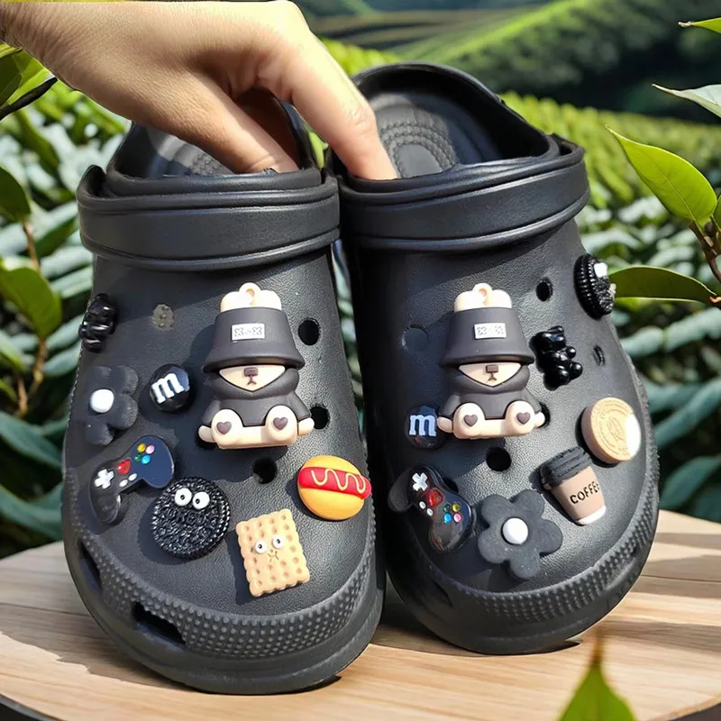 Fashion Hole Shoe Charm for DIY Pins Black Cute Fisherman Bear Decoration Buckle for Charms Set Accessories Kids Boy Girls Gift