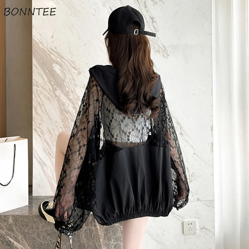 Jackets Women Hooded Sun-proof All-match Casual Design Patchwork Lace Summer Breathable Korean Style Female See-through Basic