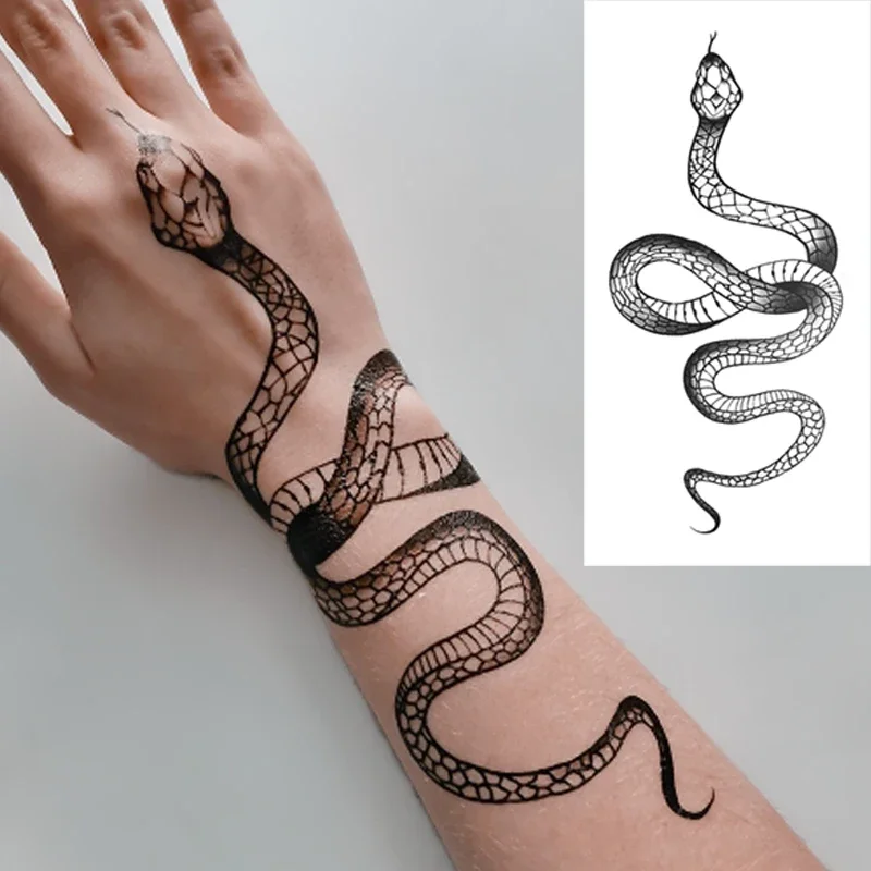 Pegatinas de tatuaje temporales de gran tamaño, tatuajes falsos impermeables de serpiente negra, arte corporal de brazo de clavícula, tatuaje de