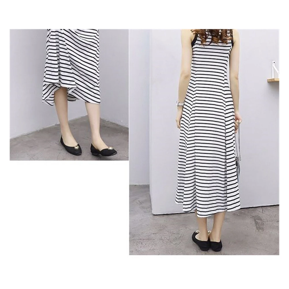 여름 스트라이프 스트랩 롱 캐미솔 베스트 드레스 여성 루즈 캐주얼 티셔츠 무릎 길이 비치 휴가 비치 롱 A라인 스커트