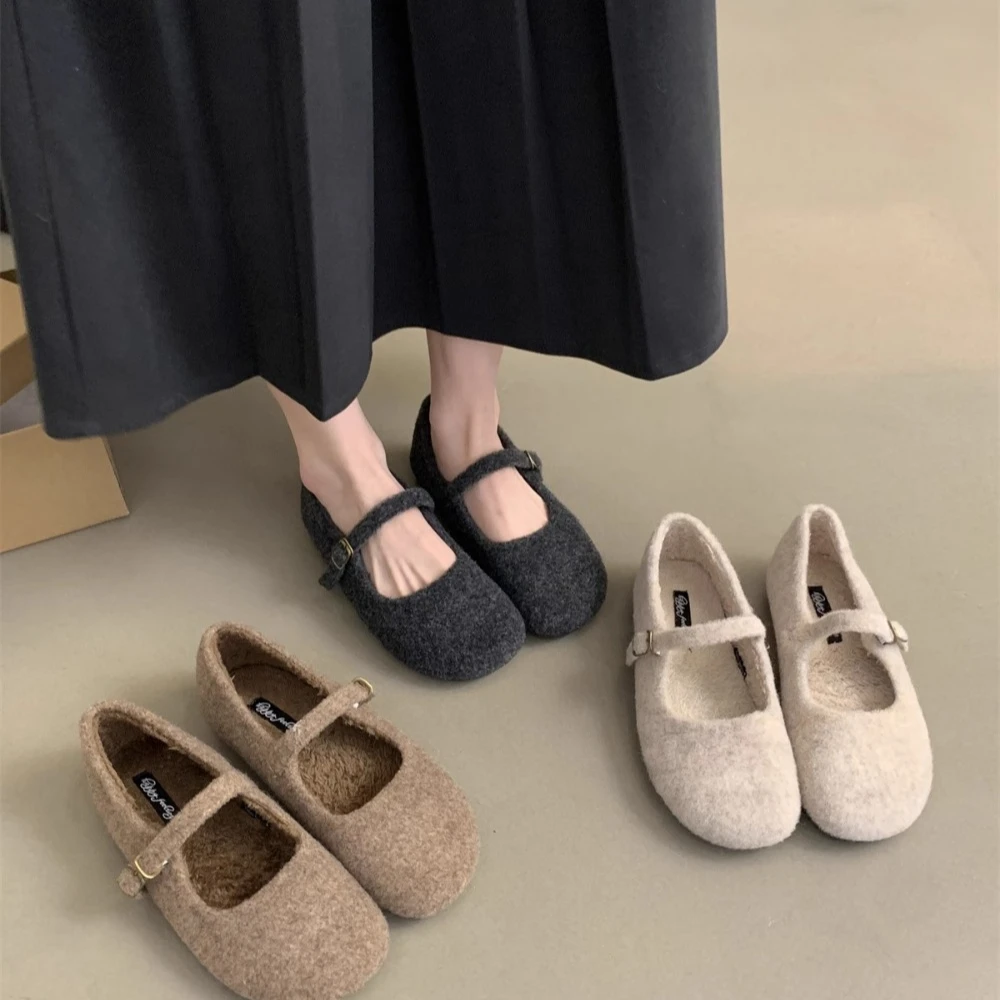 Zapatillas de Ballet con punta cuadrada para mujer, zapatos Mary Jane de lana cálidos para invierno, mocasines de felpa elegantes con diseño de marca para mujer