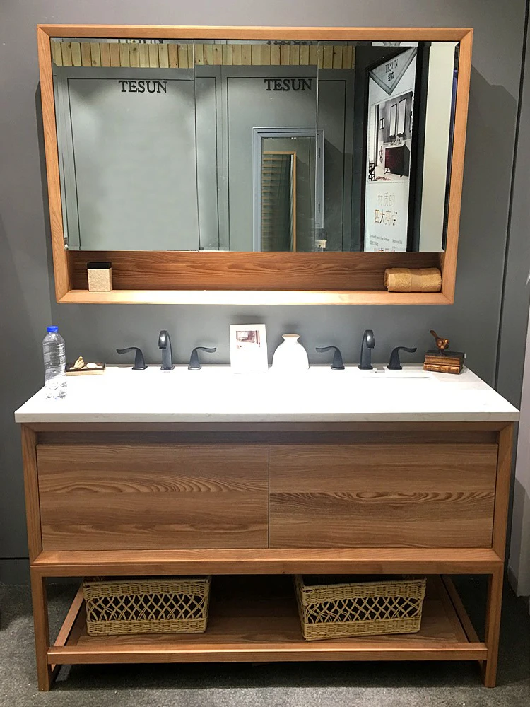 Nordic bathroom oak solid wood American style bathroom cabinet combination washbasin mirror cabinet double basin