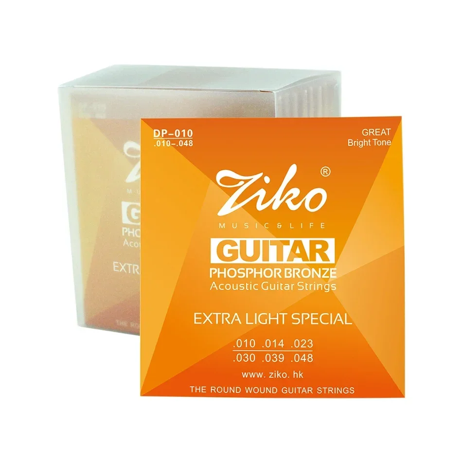 ZIKO DP Series 1 Set of Acoustic Guitar Strings 1st-6th 010-048,011- 050,012-053 Inch Hexagon Alloy Core Phosphor Bronze Wound