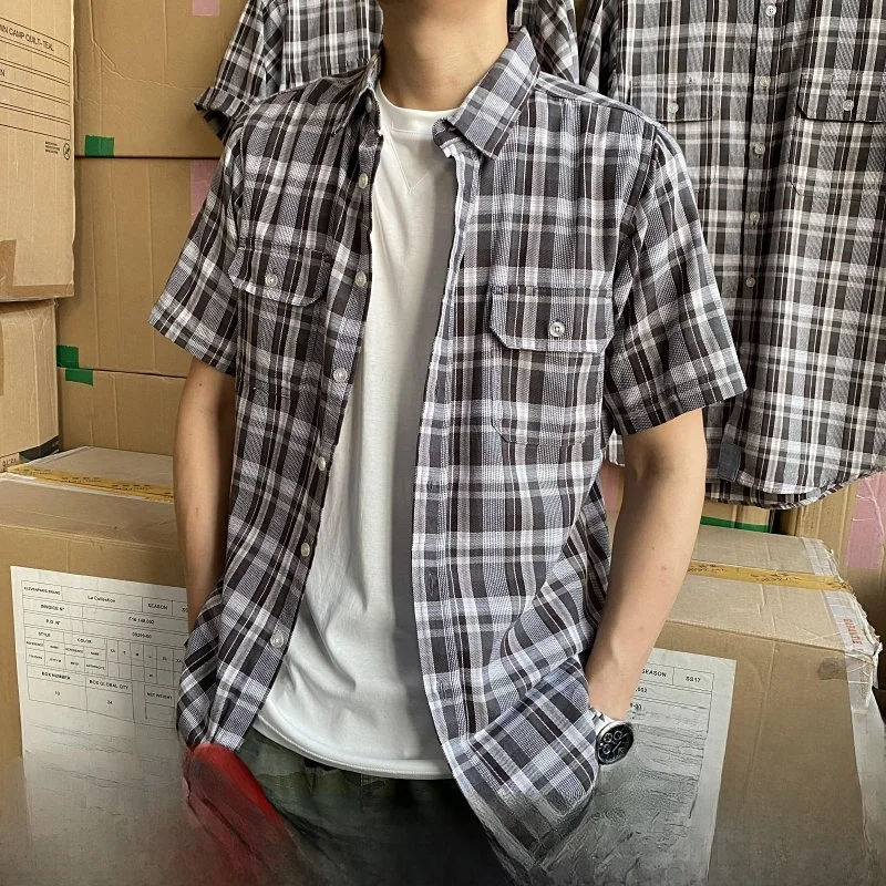 

Classic Plaid Cotton Work Shirt Men's Women's Summer New Washed Short Sleeve Fashionable City Youth Square Collar Button Detail