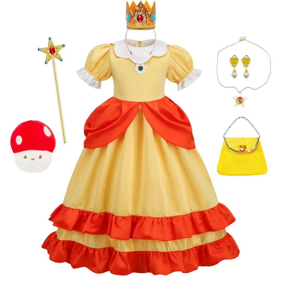 Daisy Princess Costume for Girls Yellow Orange Puff Sleeve Dress with Accessories Kids Halloween Cosplay Outfit for Carnival