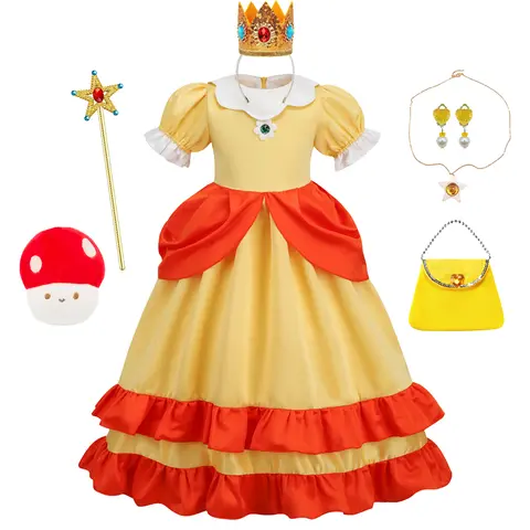 Daisy Princess Costume for Girls Yellow Orange Puff Sleeve Dress with Accessories Kids Halloween Cosplay Outfit for Carnival