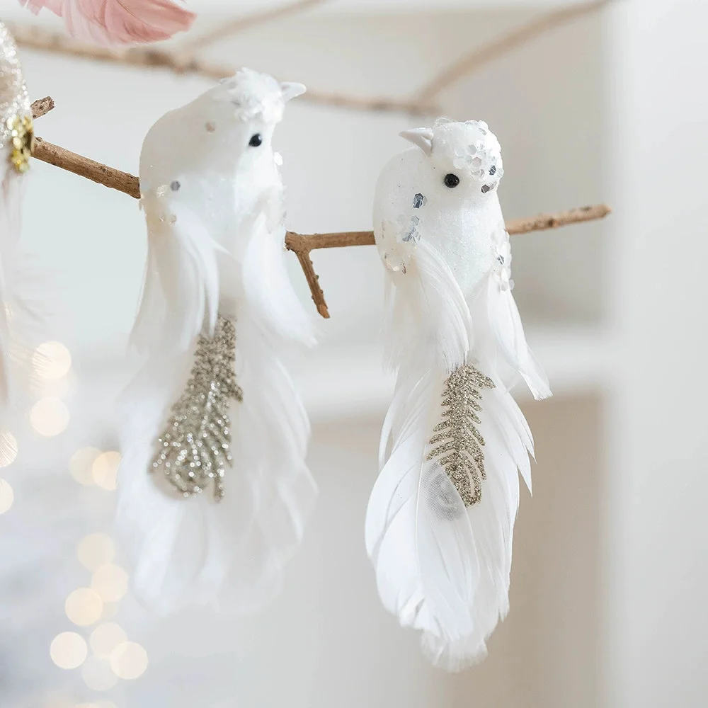 1 par de decoración de árbol de Navidad, pájaros de Navidad con purpurina, decoración artesanal, colgante de pájaro Artificial realista, pájaro blanco simulado de espuma