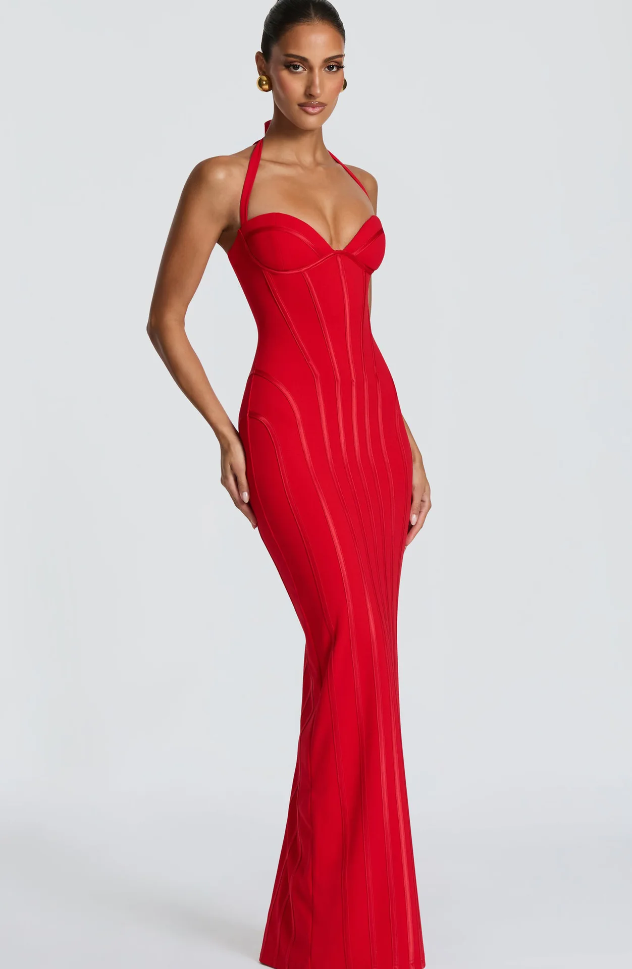Women Halter Red Bandage Maxi Dress Sweetheart Bustier Corset Lace-up Slim Bodycon Split Long Evening Party Prom Dresses Black
