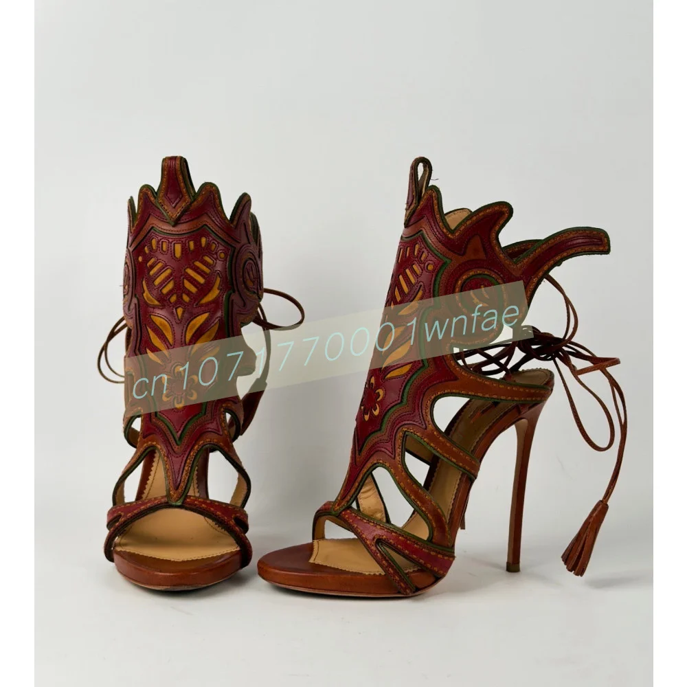 Women'S Sexy Cutout Stiletto High Heel Sandals Open Toe Ankle Boots Retro Western Cowboy Embroidered  Summer Shoes With Tassels