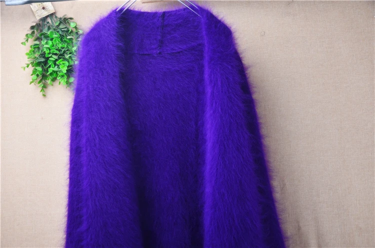 Ladies Women Spring Autumn Clothing Fashion Purple Hairy Mink Cashmere Knitted Long Sleeves Loose Long Sweater Caridgans Mantle