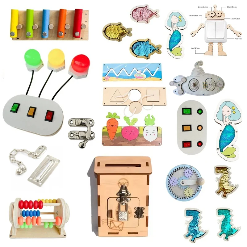 2026 DIY Montessori  Busy Board Accessories Educational Toys Three Color Light Gear Cart  Skill Learning Wooden Busy board Toy