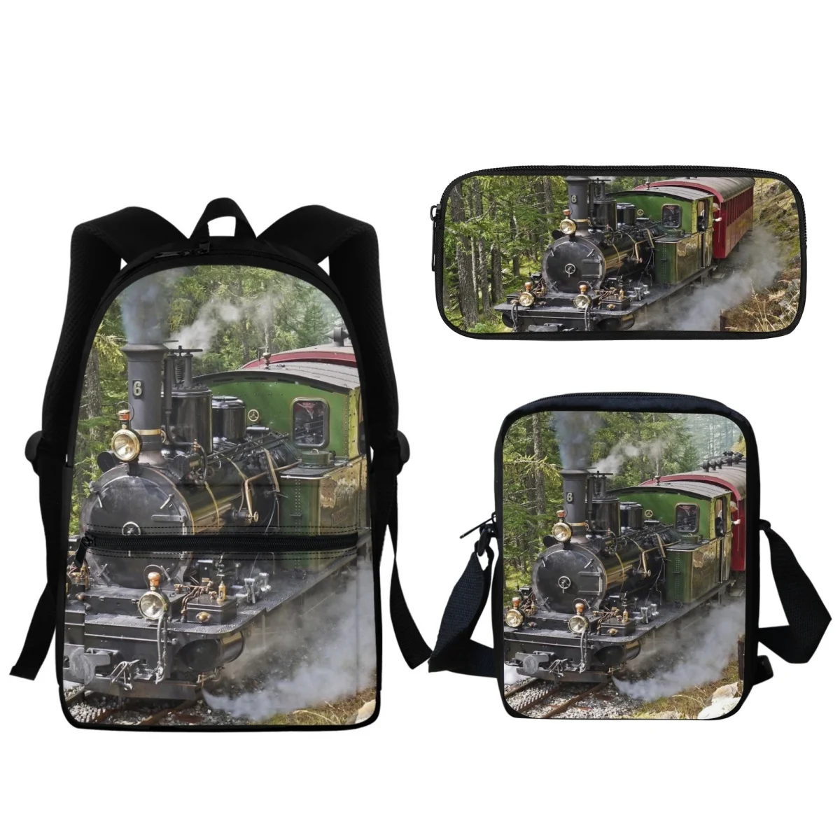 Steam Locomotive Train Design School Bag 3pcs/Set Boys Girls Kids Backpack Lunch Small Satchel Pencil Case Travel Laptop Bag