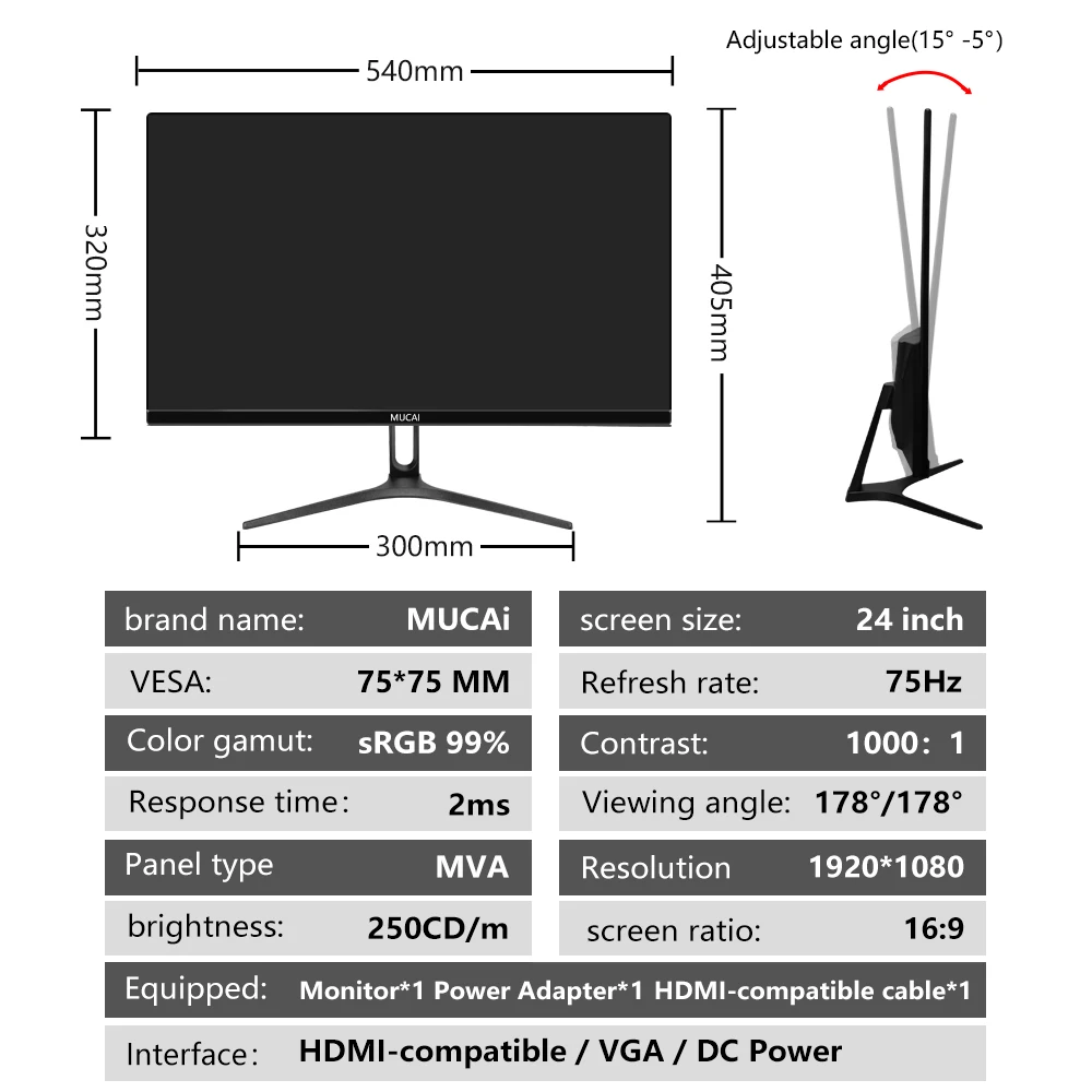 Imagem -04 - Mucai N240e 24 Polegada Monitor de Exibição do Computador de Jogos de Escritório Fhd 1080p Mva Tela de Luz Hdmi-compatível com Vga Power por 1920*1080